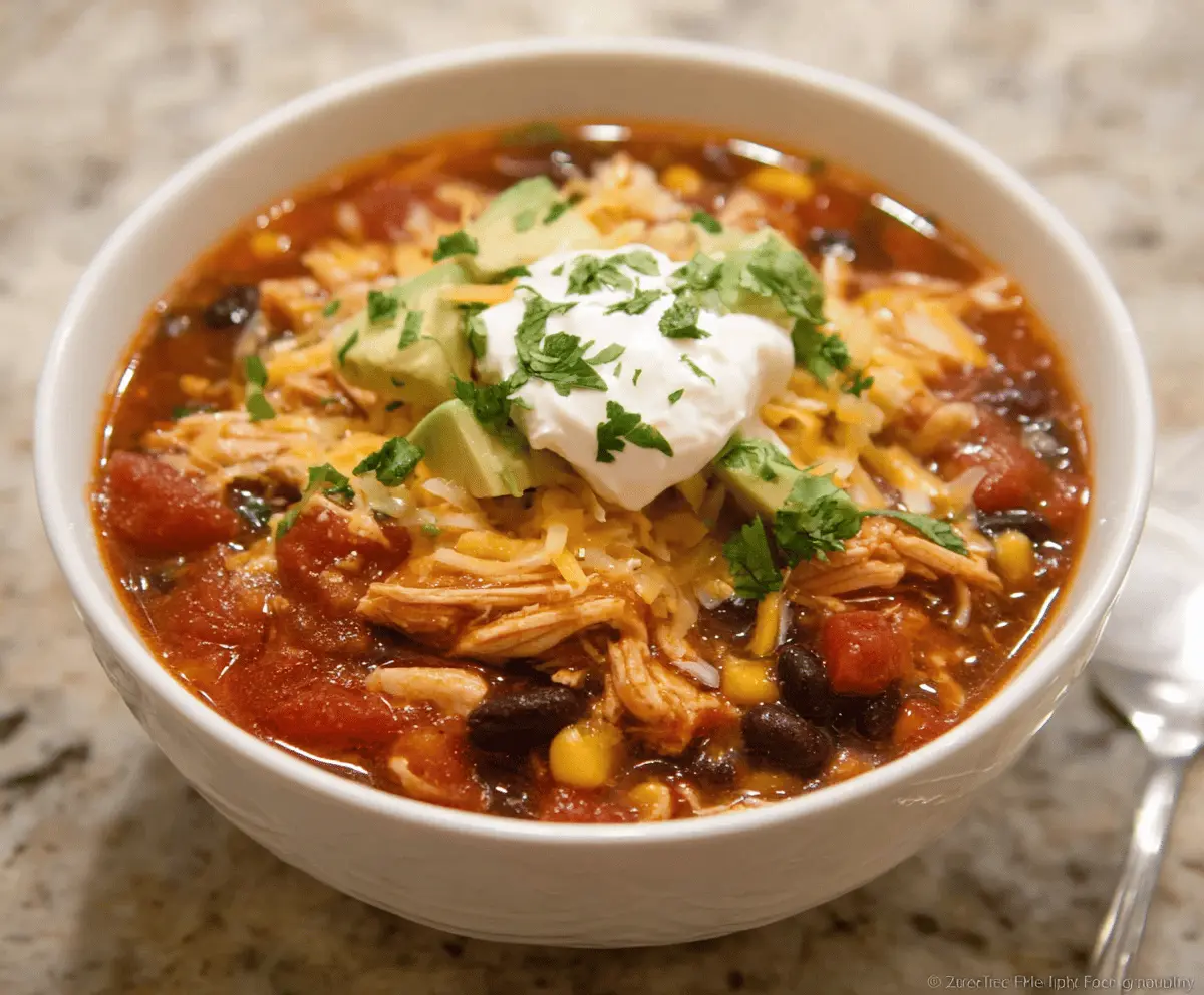 Delicious Crockpot Chicken Taco Soup with shredded chicken, beans, corn, and flavorful taco seasonings in a savory broth