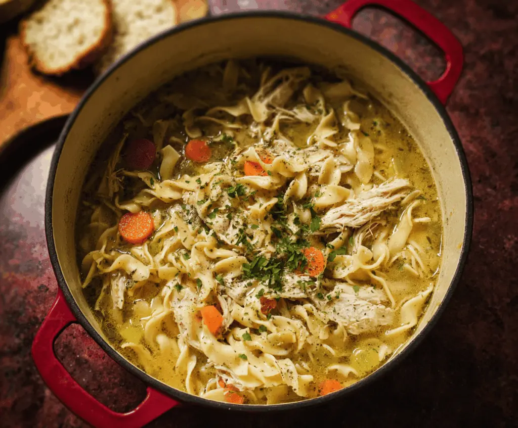 Hearty Dutch Oven Chicken Noodle Soup in a rustic pot, featuring tender chicken, noodles, and fresh vegetables for a comforting homemade meal.