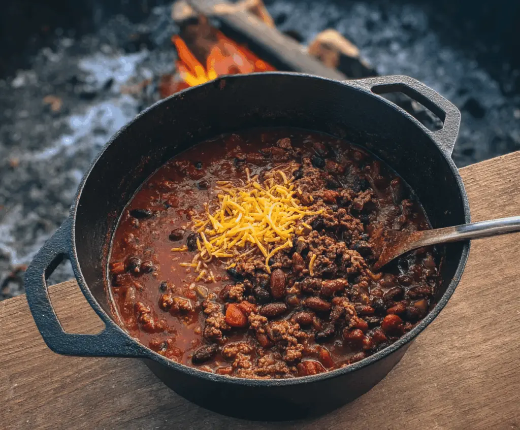 Hearty Dutch Oven Chili in a rustic pot with beans, ground beef, tomatoes, and spices, perfect for warming up on a cold day