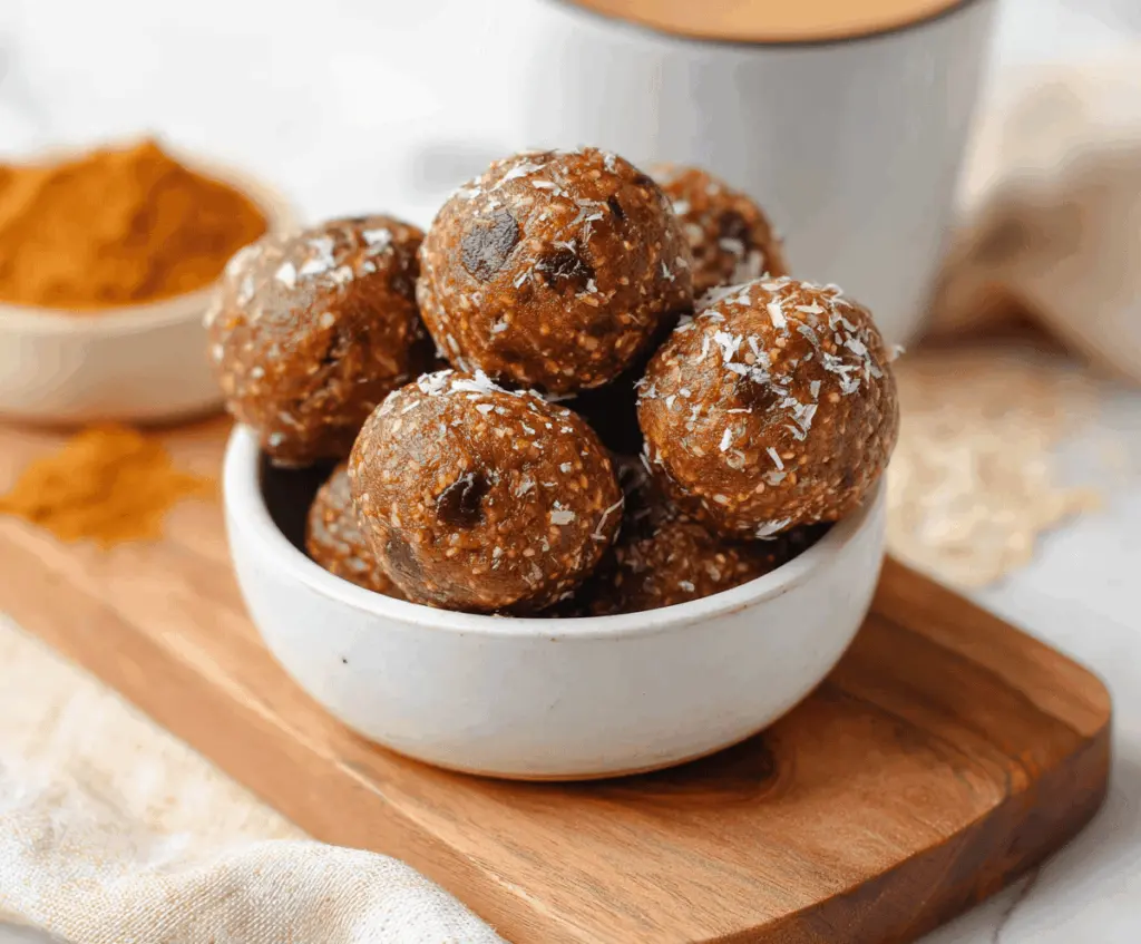Delicious espresso pumpkin protein balls with chocolate chips on a plate, healthy snack, and energy bites