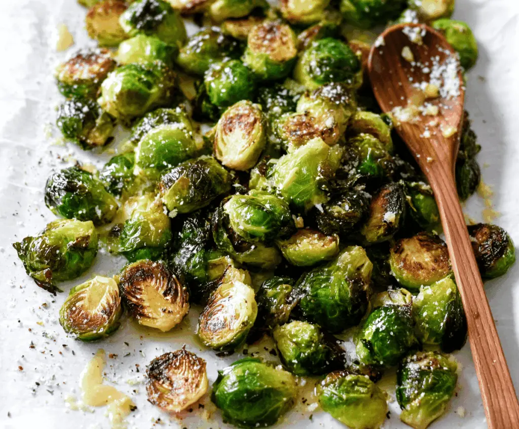 Golden roasted Brussels sprouts topped with garlic butter, garnished with fresh herbs, perfect for a flavorful side dish.