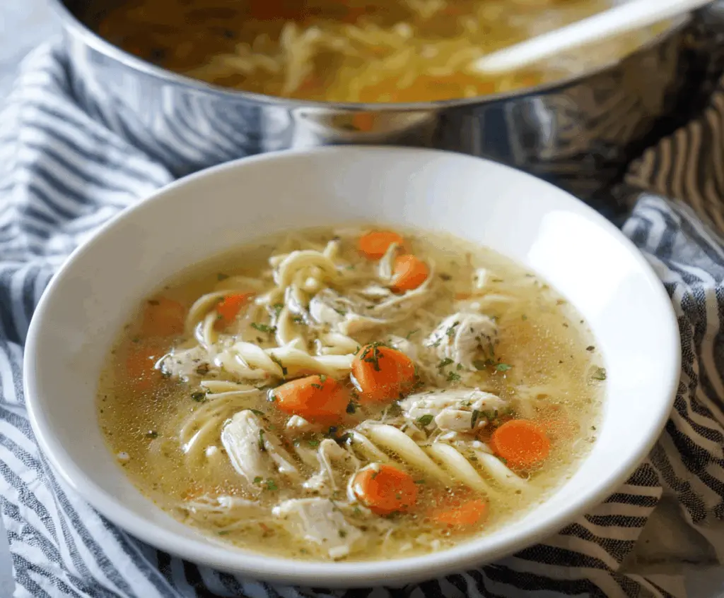 A steaming bowl of gluten-free chicken noodle soup with tender chicken, gluten-free noodles, carrots, celery, and fresh herbs in a clear broth.