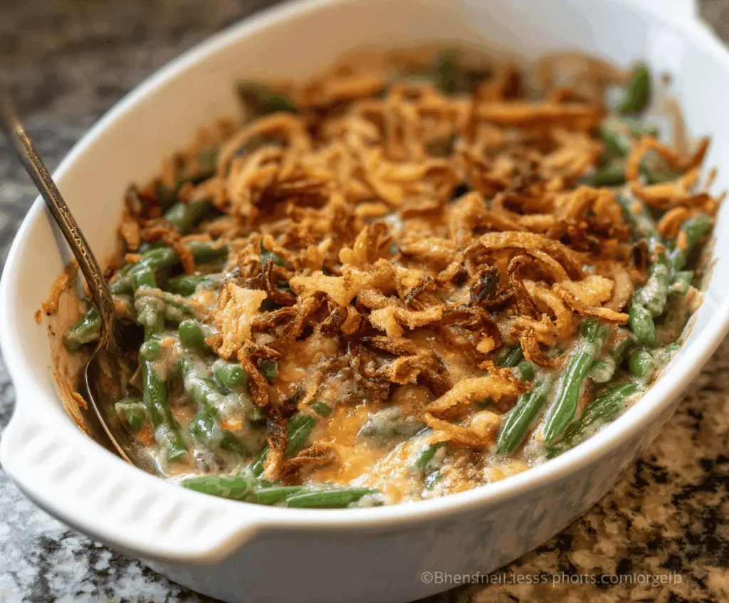 Delicious homemade green bean casserole topped with crispy fried onions, served in a baking dish for a classic holiday side dish.