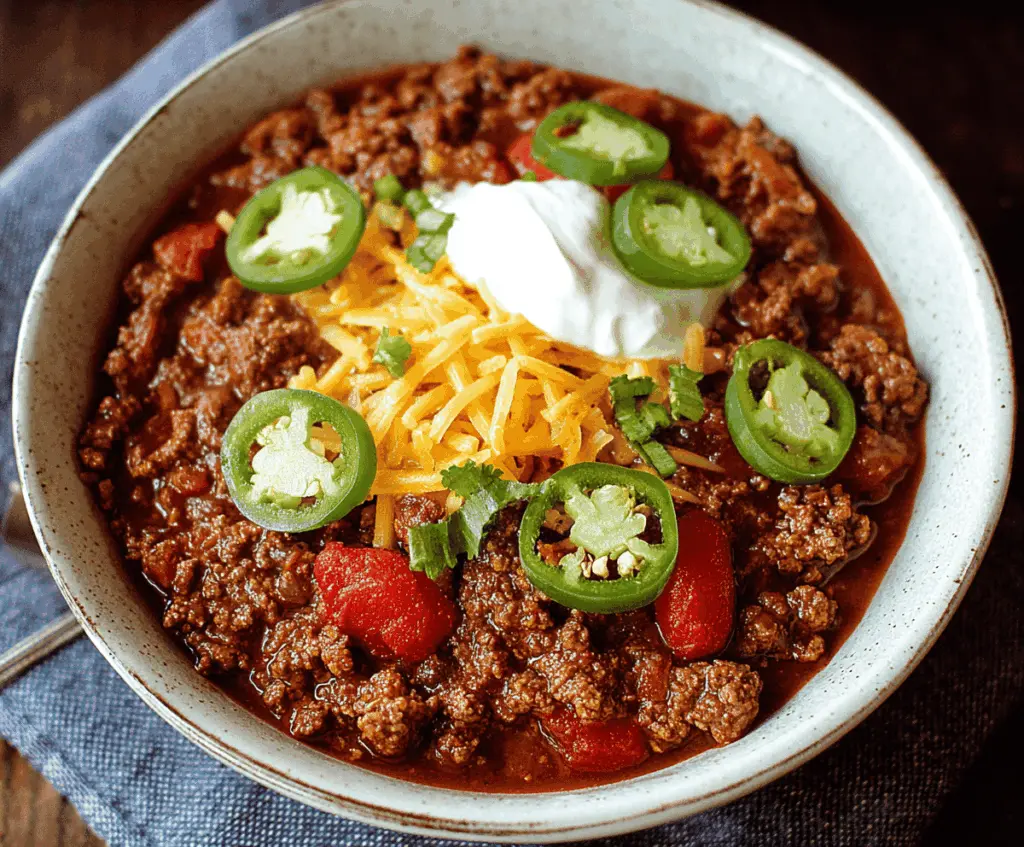 Delicious homemade ground beef chili in a bowl topped with shredded cheese and fresh herbs, served with corn bread on the side.