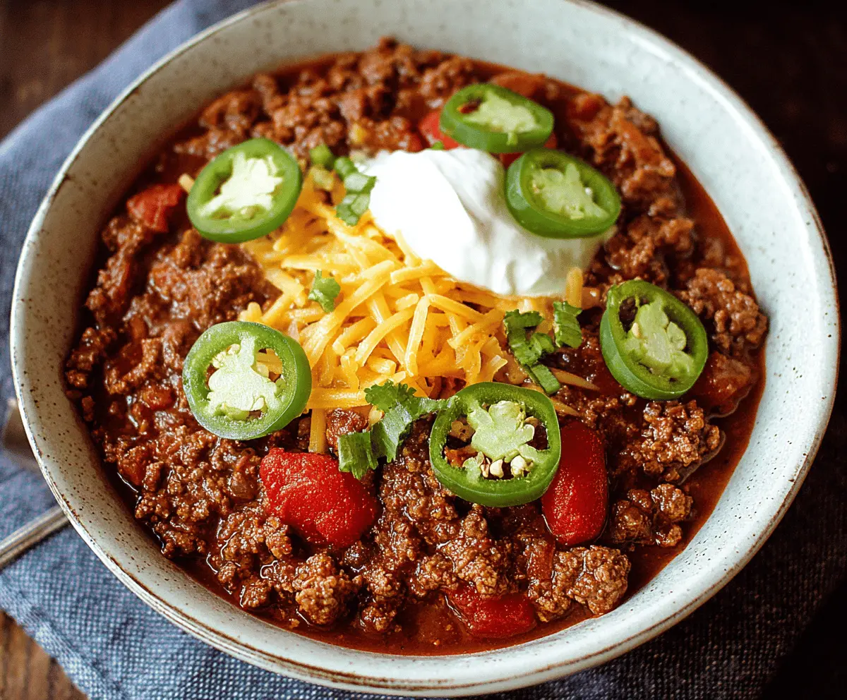 Delicious homemade ground beef chili in a bowl topped with shredded cheese and fresh herbs, served with corn bread on the side.