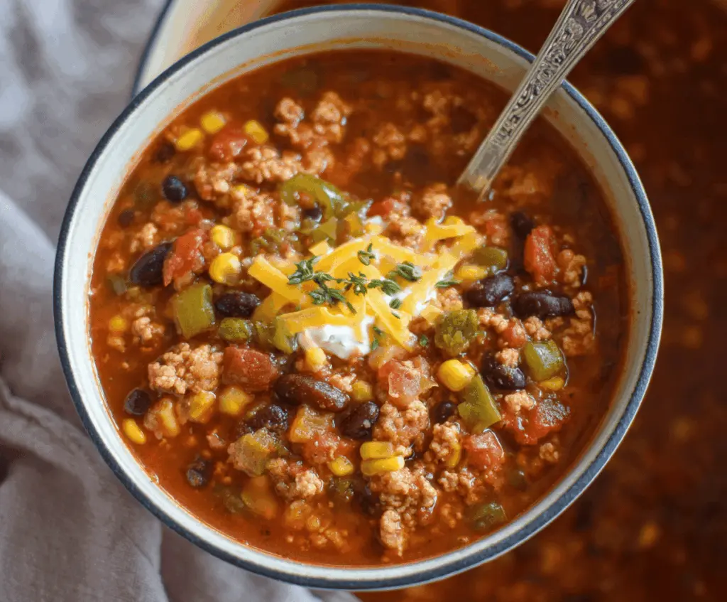 Hearty ground turkey taco soup topped with shredded cheese, fresh cilantro, and chopped green onions in a bowl, perfect for a flavorful and nutritious meal.