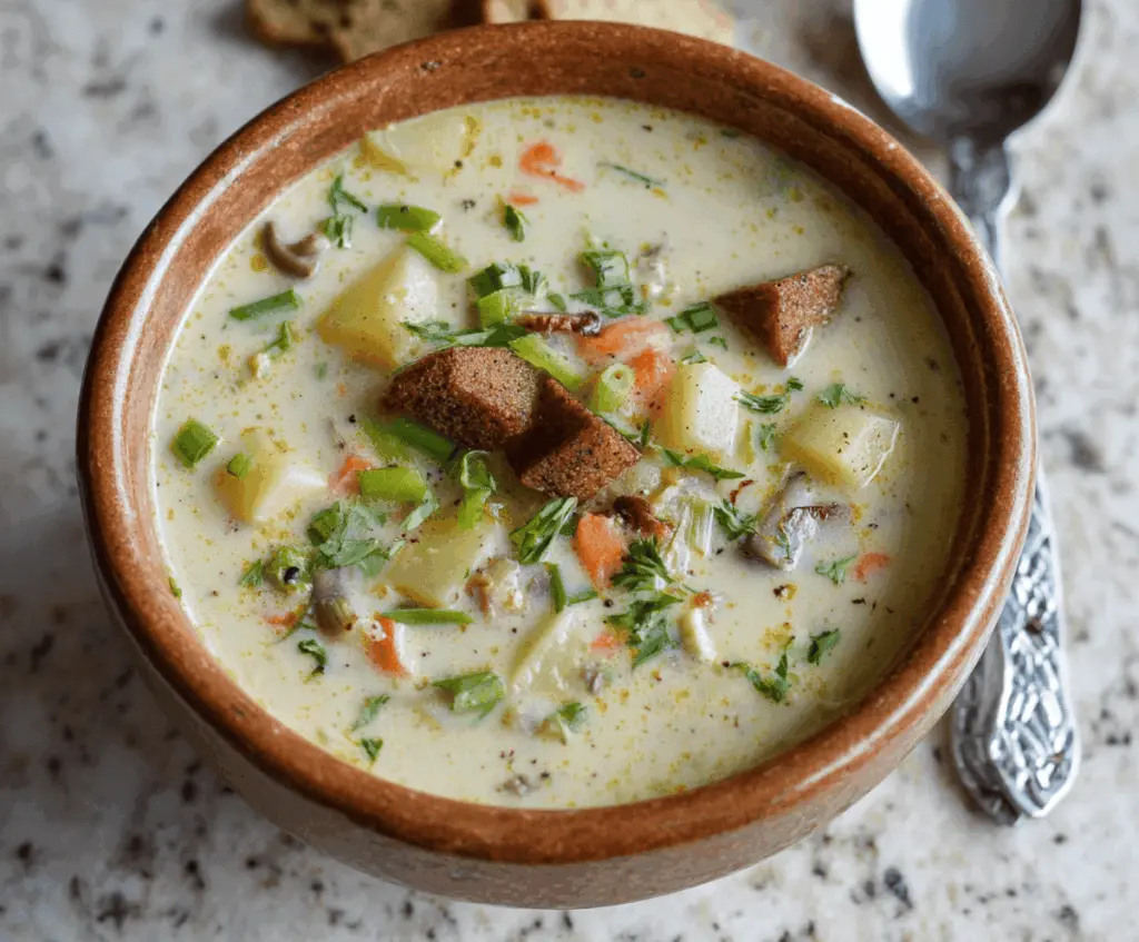 Creamy and nutritious healthy potato soup garnished with fresh herbs in a rustic bowl, perfect for a comforting meal