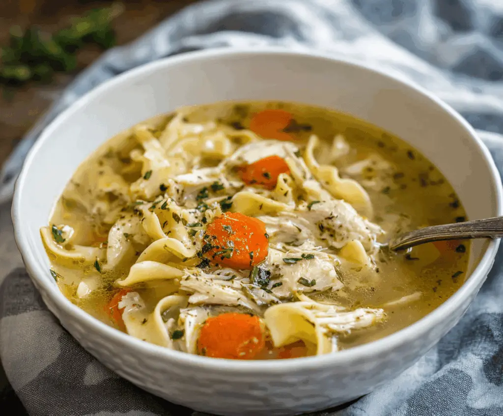 Creamy and hearty Instant Pot Chicken Noodle Soup with tender chicken, vegetables, and noodles in a flavorful broth