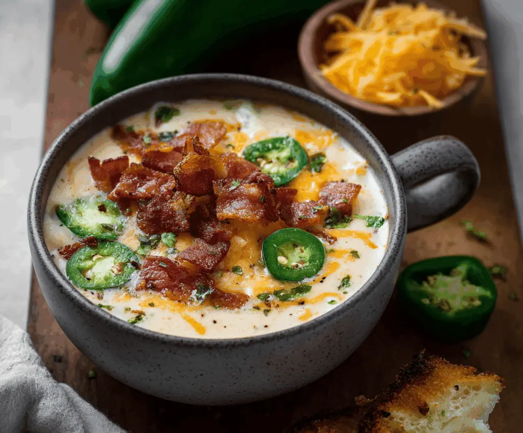 Creamy Jalapeno Popper Soup topped with shredded cheese and chopped green onions in a bowl, served with crispy tortilla chips