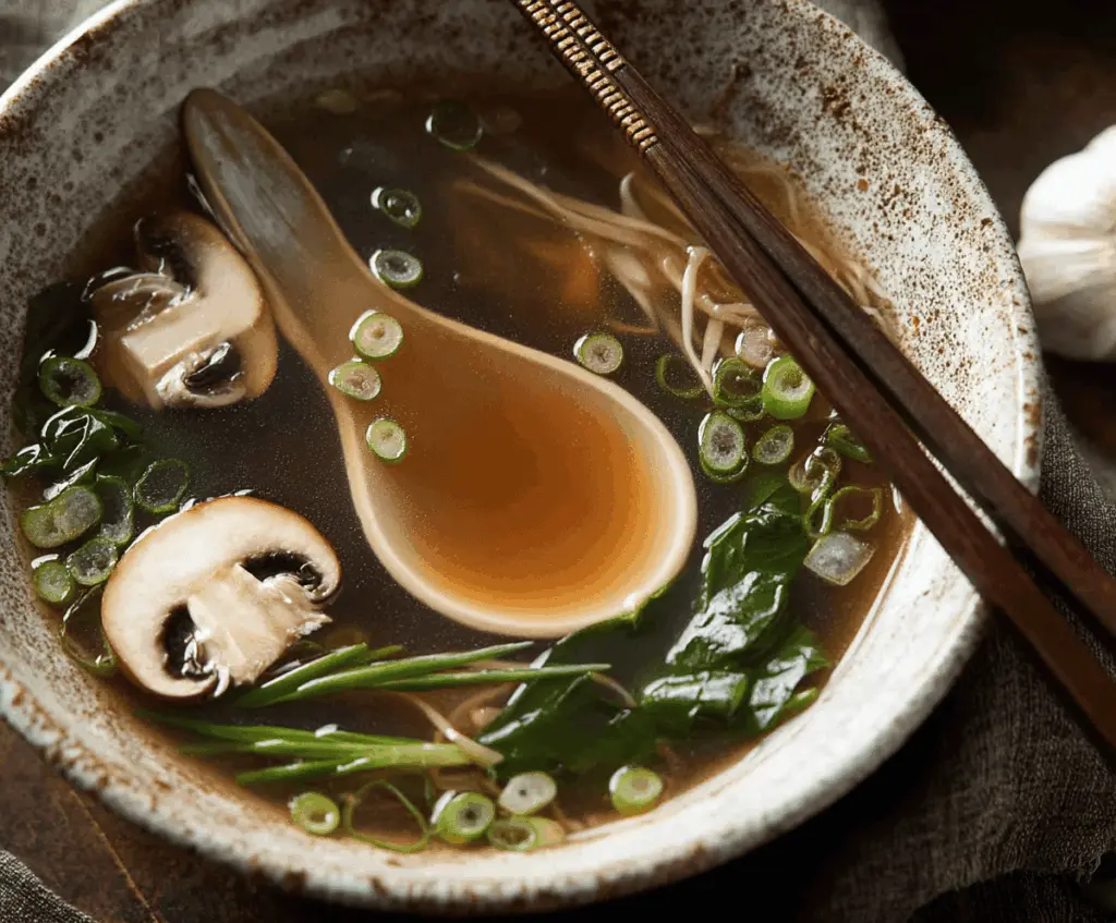 A steaming bowl of Japanese clear soup featuring delicate tofu cubes, sliced green onions, and translucent broth garnished with fresh herbs, served in a traditional bowl.