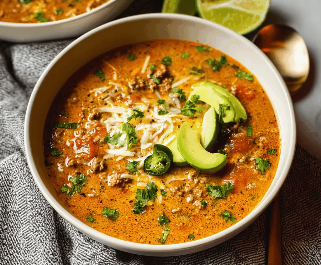 Delicious Keto Taco Soup with ground beef, diced tomatoes, cheese, and fresh toppings in a bowl, perfect for low-carb meals