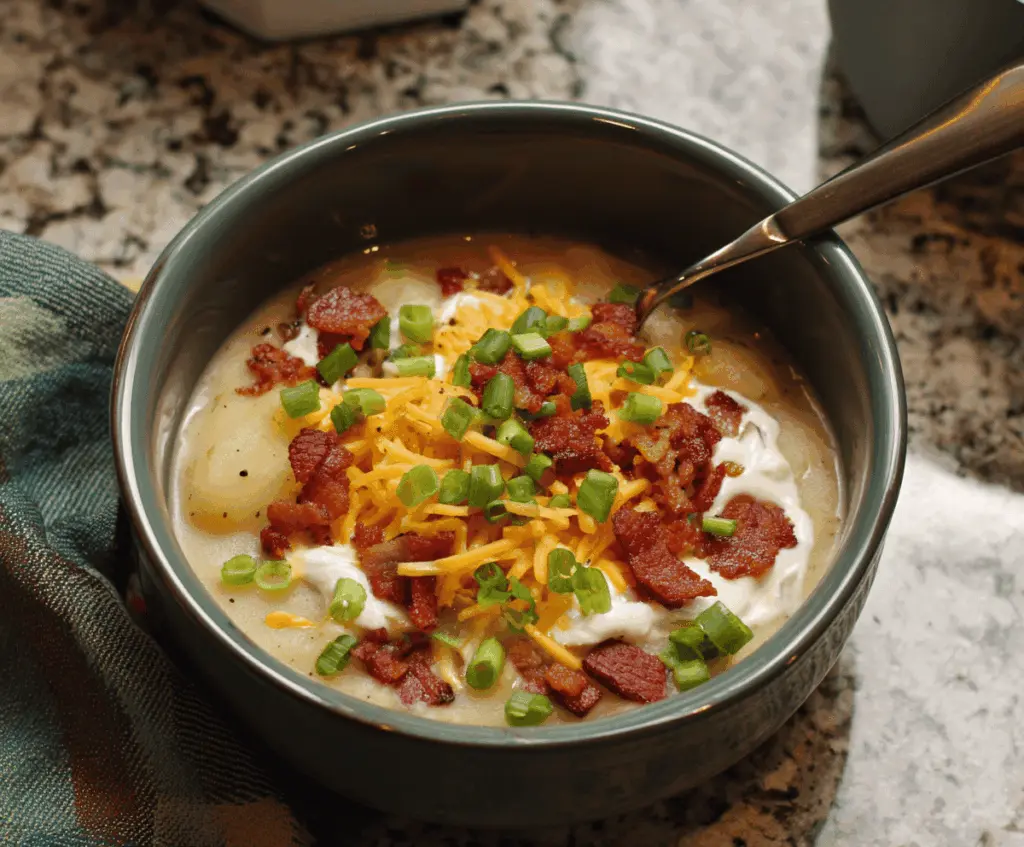 Creamy loaded baked potato soup topped with shredded cheese, crispy bacon bits, chopped green onions, and sour cream in a rustic bowl.