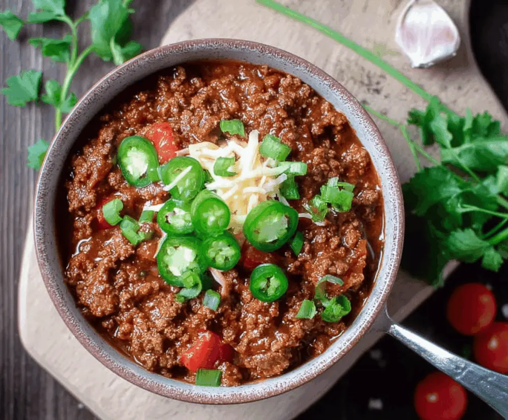 Savory low-carb chili served in a bowl with fresh toppings, perfect for a healthy, hearty meal.