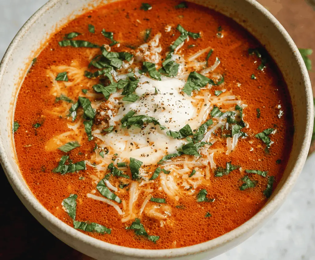Delicious low-carb lasagna soup with layers of ground meat, zucchini noodles, melted cheese, and rich tomato broth in a bowl, perfect for a healthy, comforting meal