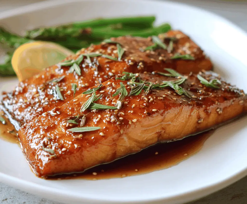 Delicious maple glazed salmon fillet garnished with fresh herbs, served with lemon wedges on a white plate, perfect for a flavorful and healthy meal.