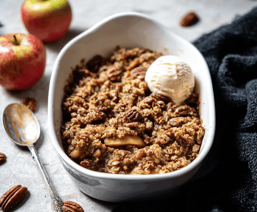 Delicious Maple Pecan Apple Crisp topped with toasted pecans and a golden crumb crust, perfect for cozy fall desserts.