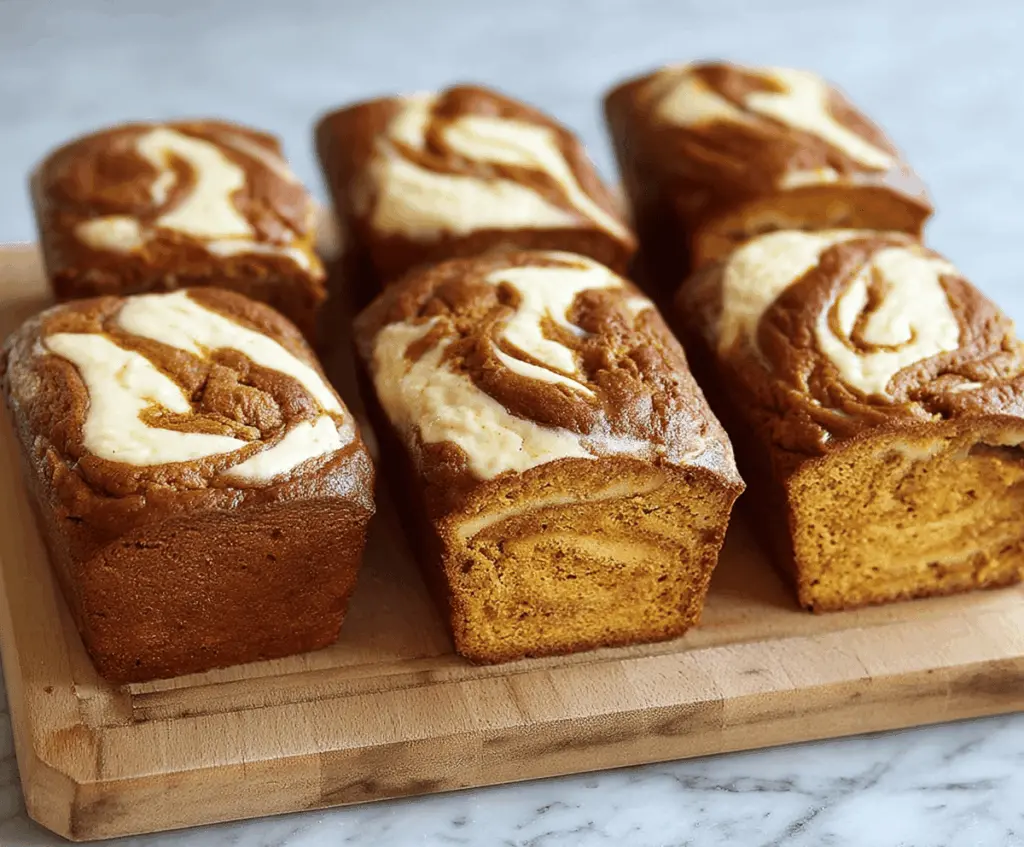 Delicious mini pumpkin cream cheese bread baked to perfection, topped with a swirl of cream cheese frosting and garnished with a sprinkle of cinnamon, perfect for fall desserts.