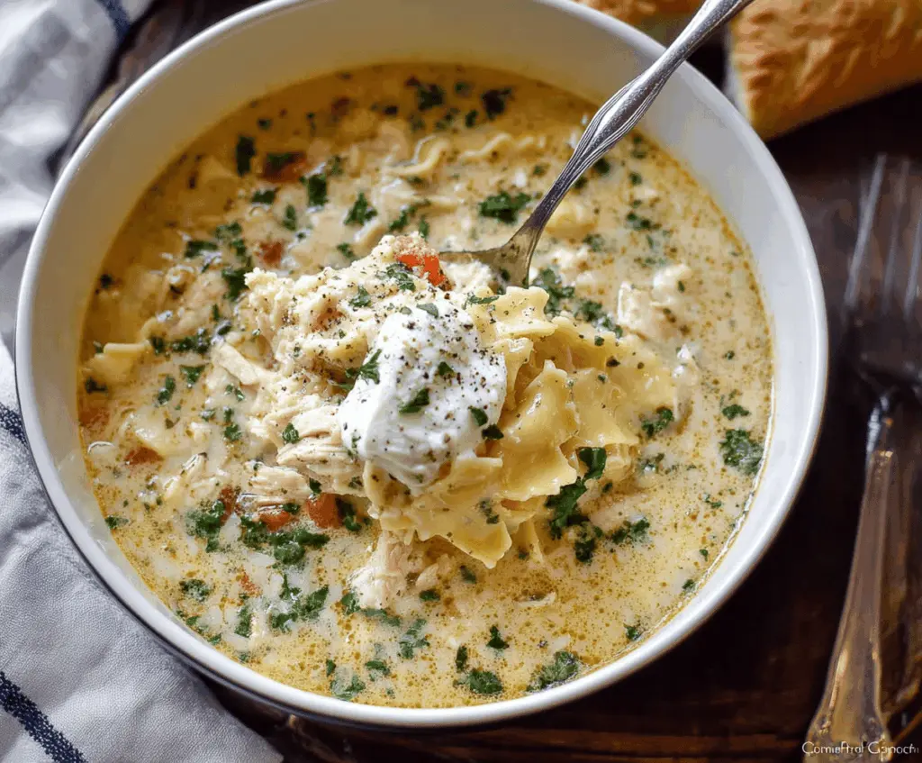 Creamy one-pot white chicken lasagna soup in a bowl with shredded chicken, pasta, spinach, and melted cheese, served hot