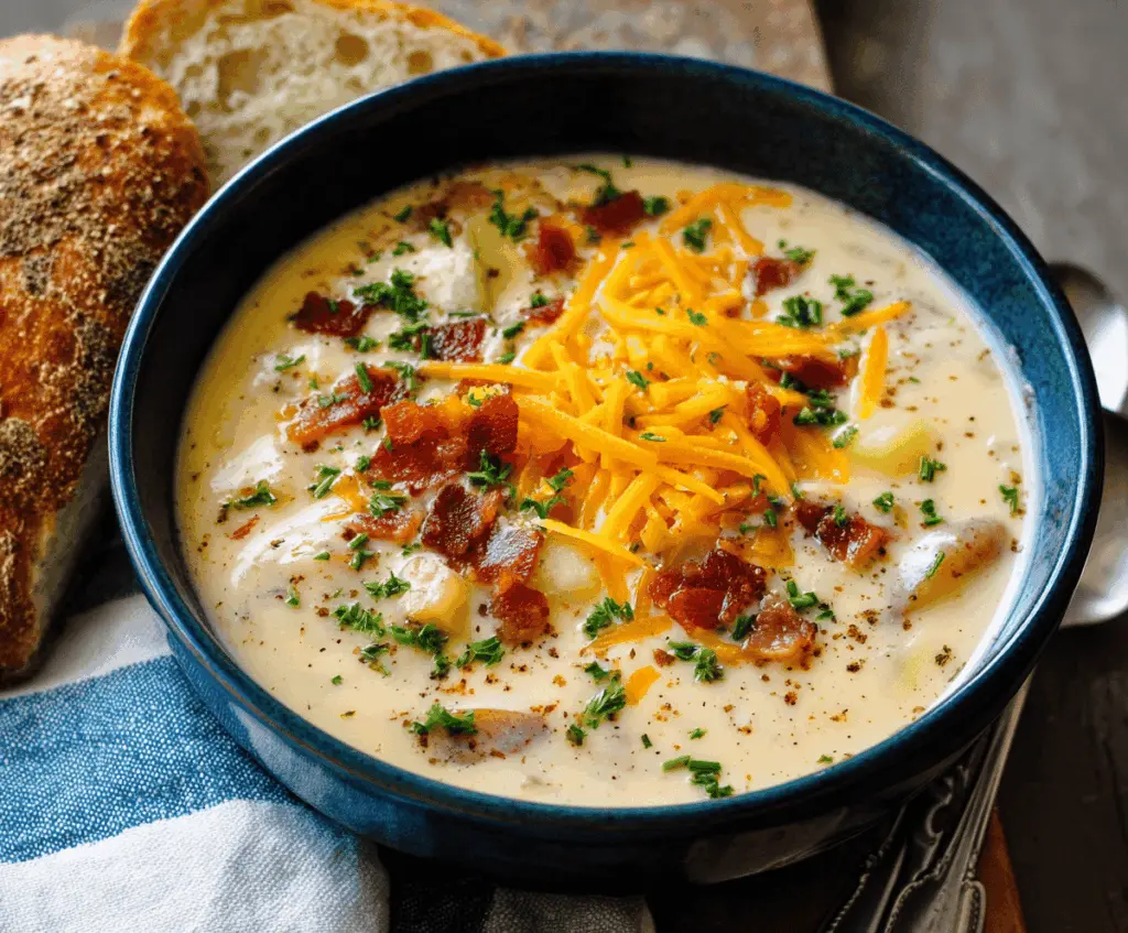 Creamy Outback Potato Soup served in a bowl, topped with fresh herbs and cheese, perfect for a comforting meal.