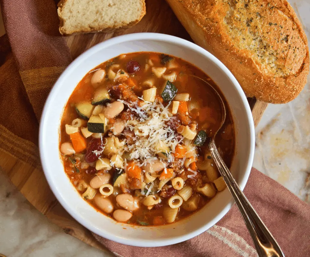 Hearty bowl of Pasta e Fagioli Soup with pasta, beans, vegetables, and fresh herbs, served in a rustic bowl on a wooden table