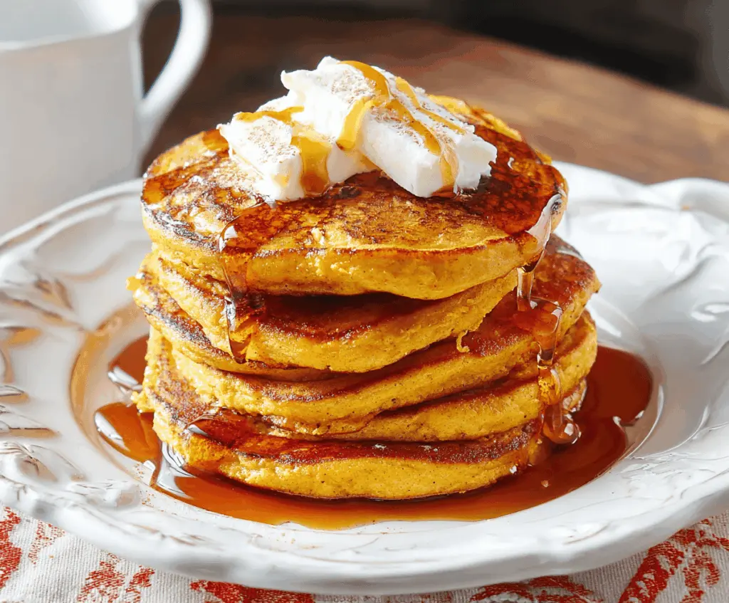 Delicious Pioneer Woman pumpkin pancakes topped with whipped cream and cinnamon, served on a rustic plate for a cozy fall breakfast.
