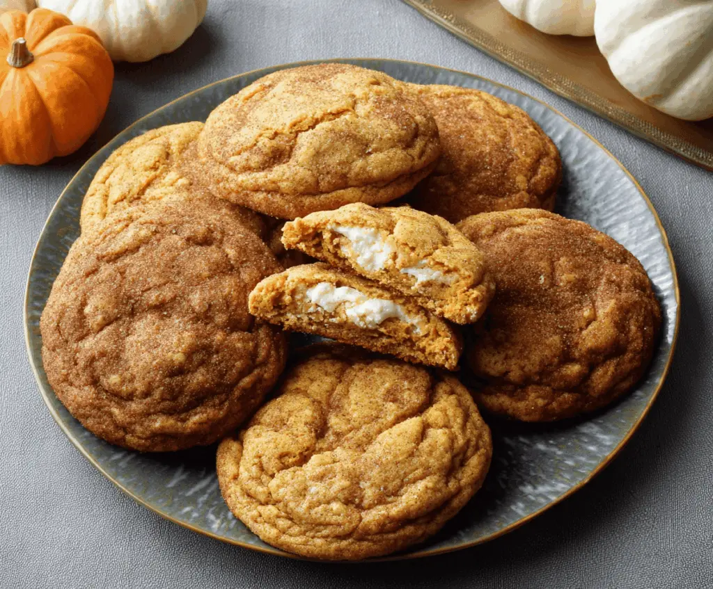 Creamy pumpkin cheesecake cookies with a golden crust and spiced topping, perfect for fall desserts.