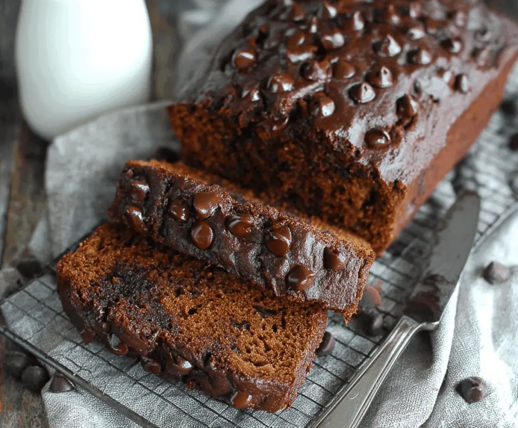 Delicious homemade pumpkin chocolate bread sliced and ready to serve, featuring a moist texture with rich chocolate swirls and topped with a sprinkle of cocoa powder.