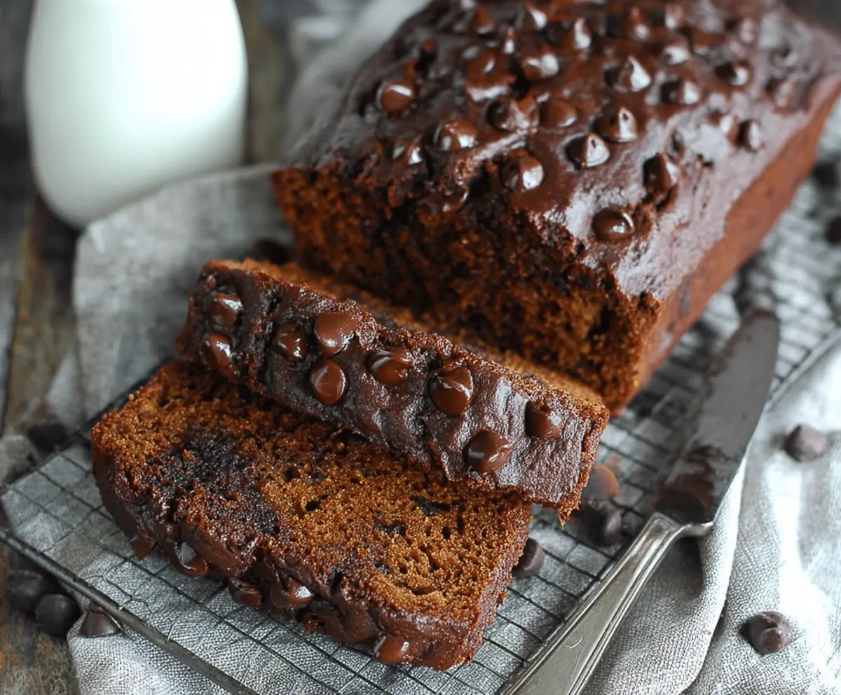 Delicious homemade pumpkin chocolate bread sliced and ready to serve, featuring a moist texture with rich chocolate swirls and topped with a sprinkle of cocoa powder.