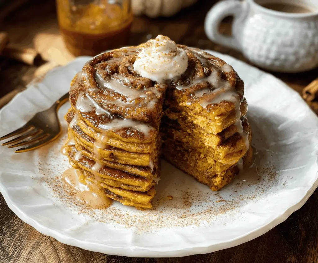 Delicious pumpkin cinnamon roll pancakes topped with cream cheese glaze, perfect for fall breakfast or brunch.