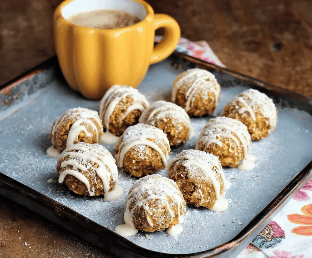 Delicious Pumpkin Protein Snowball Bites topped with shredded coconut and chocolate drizzle, a healthy and festive snack option.