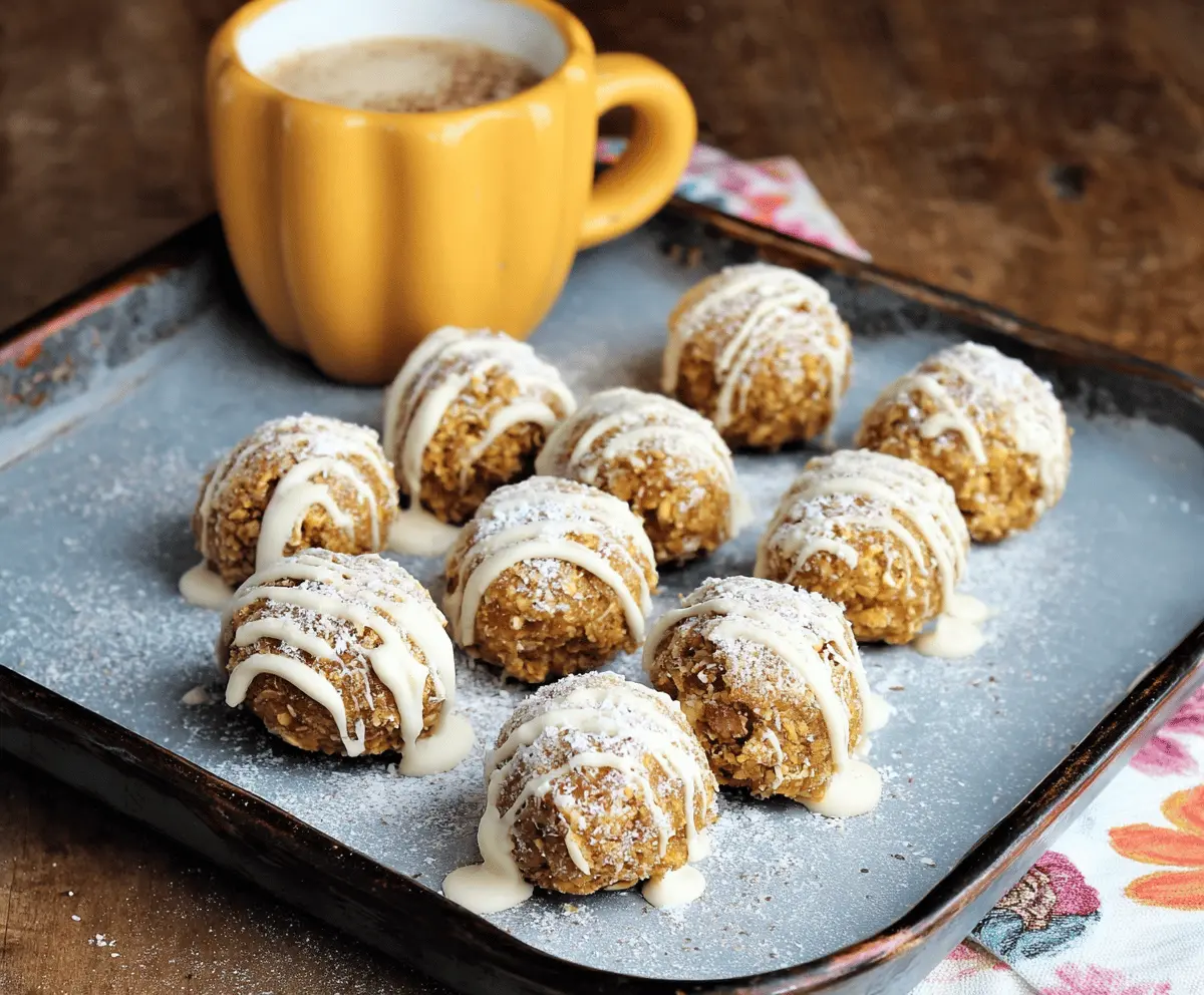 Delicious Pumpkin Protein Snowball Bites topped with shredded coconut and chocolate drizzle, a healthy and festive snack option.