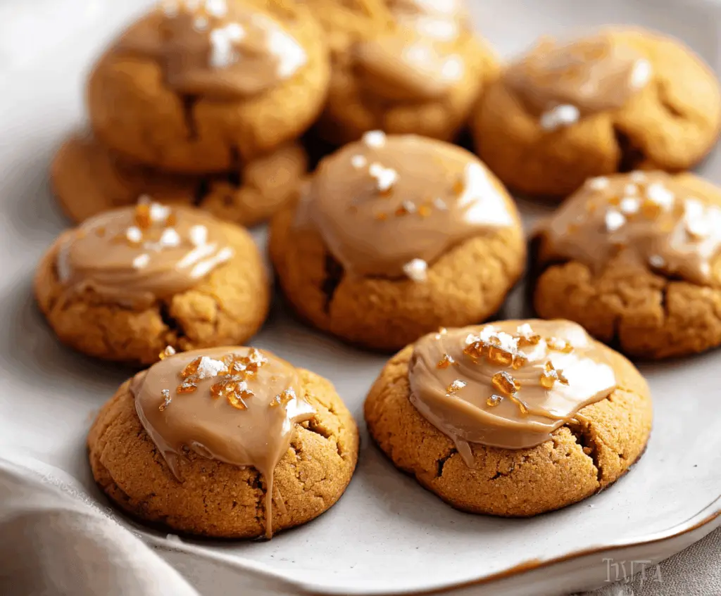 Delicious homemade pumpkin salted caramel cookies with gooey caramel center and sprinkled sea salt, perfect for fall baking.