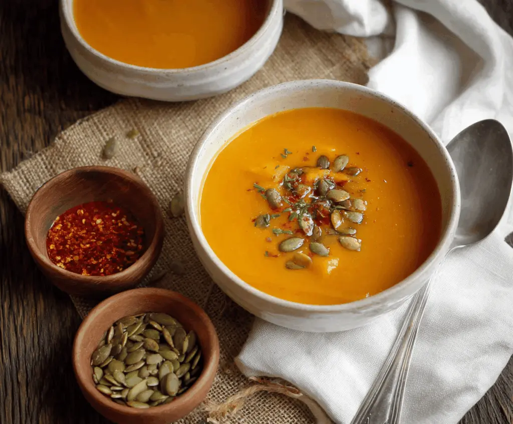 Creamy pumpkin soup served in a bowl garnished with fresh herbs, perfect for a comforting fall recipe.