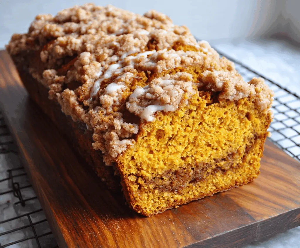 Golden Pumpkin Streusel Bread topped with a crunchy streusel crust, sliced to reveal moist pumpkin-flavored interior with swirls of cinnamon and nutmeg
