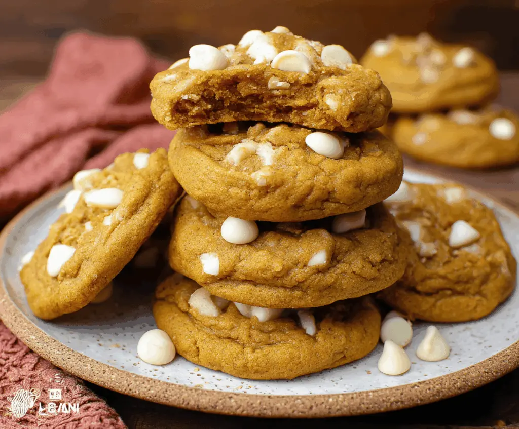 Delicious freshly baked pumpkin white chocolate chip cookies on a plate, perfect for fall desserts and holidays