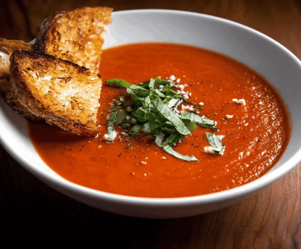 Creamy red pepper tomato soup garnished with fresh herbs in a white bowl, perfect for a comforting, healthy meal.