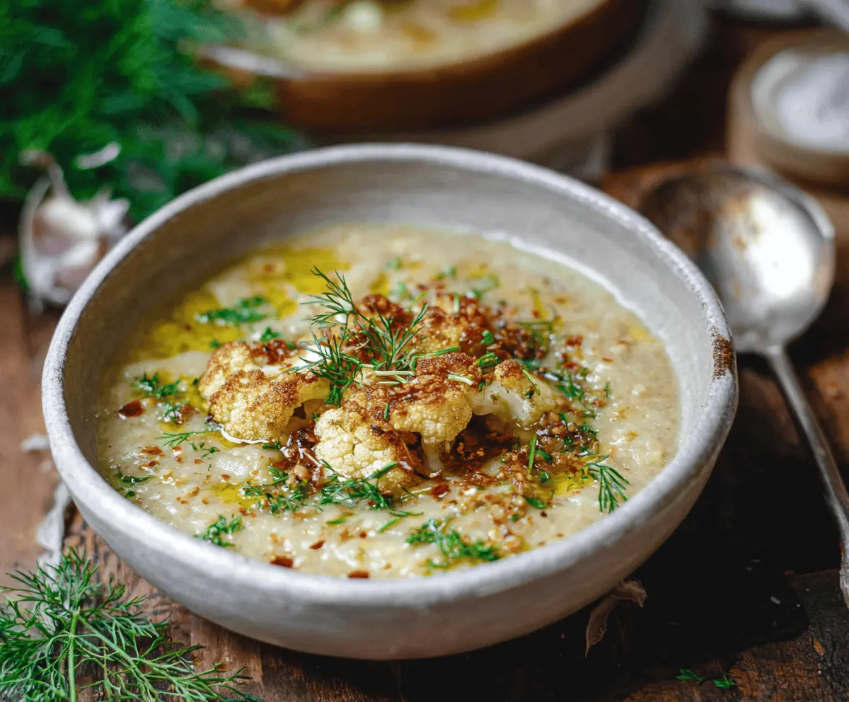 Creamy roasted cauliflower soup garnished with fresh herbs in a rustic bowl, perfect for a comforting vegetarian meal