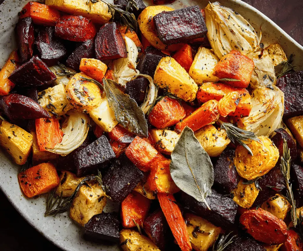 Colorful roasted root vegetables on a baking sheet, including carrots, parsnips, and sweet potatoes, seasoned and caramelized to perfection