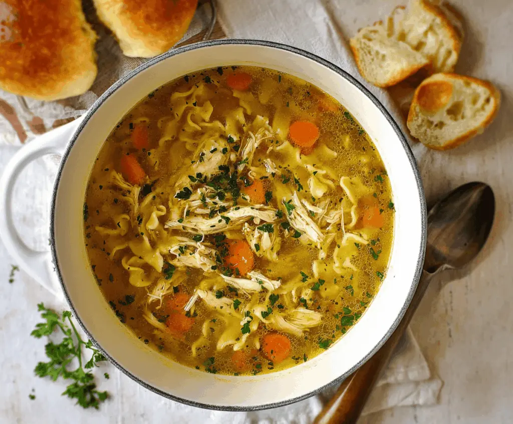 A steaming bowl of rotisserie chicken noodle soup with tender chicken, noodles, and fresh vegetables served in a rustic bowl, perfect for a comforting meal.
