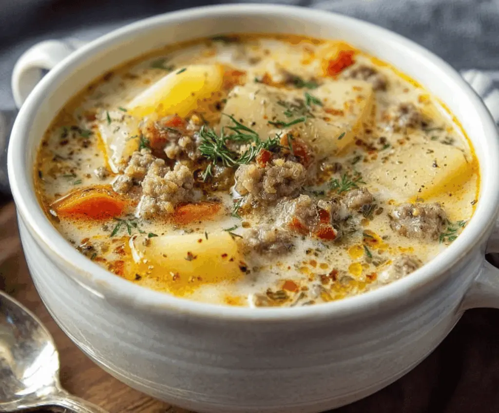 Creamy sausage and potato soup topped with fresh herbs in a bowl, perfect for a hearty and comforting meal.