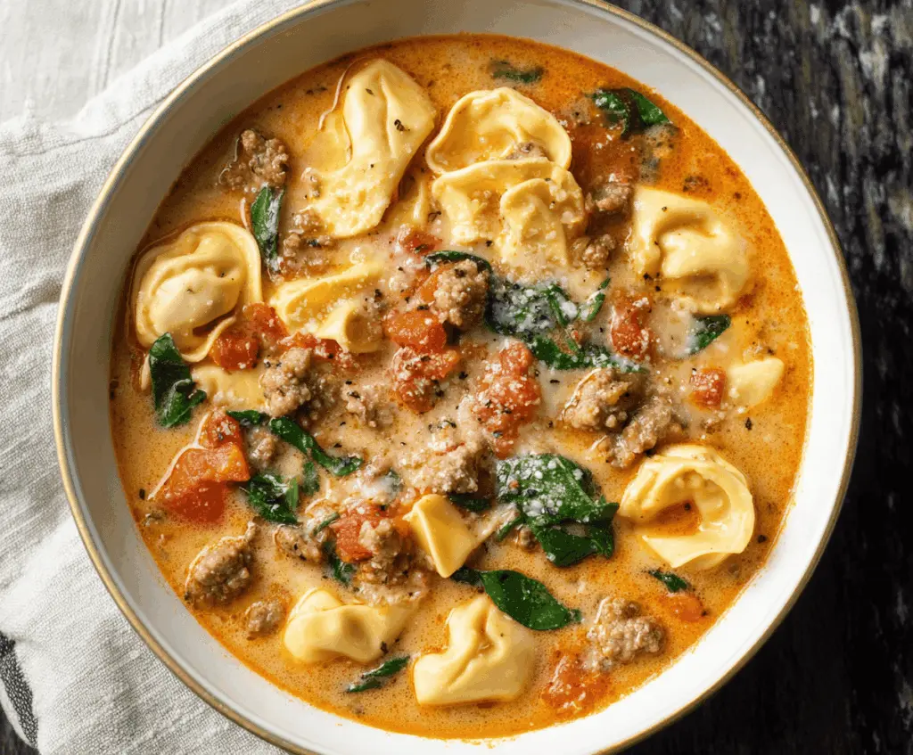 Hearty sausage tortellini soup with fresh vegetables in a bowl, topped with herbs, perfect for a comforting meal.
