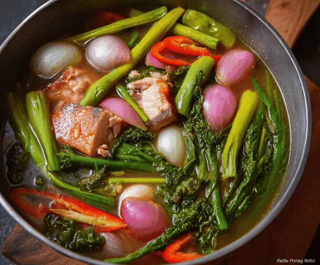 A steaming bowl of traditional Sinigang soup with tender pork, fresh vegetables, and tangy tamarind broth, served with rice on the side.