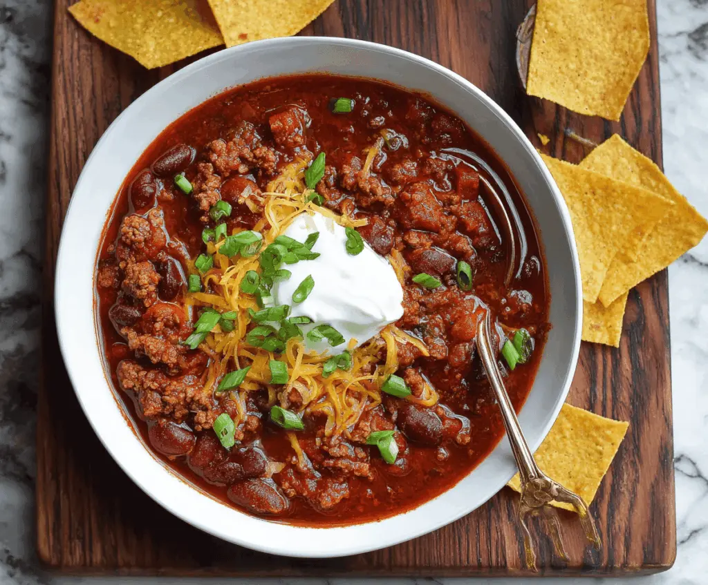 Hearty slow cooker chili topped with shredded cheese, sour cream, and chopped cilantro in a rustic bowl