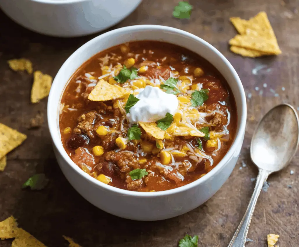 Delicious homemade slow cooker taco soup with ground beef, beans, corn, tomatoes, and flavorful taco spices in a bowl, ready to serve.