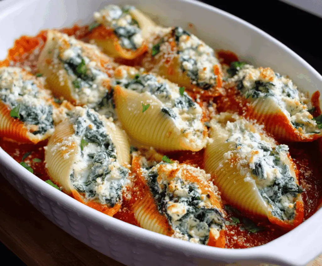 Delicious spinach and ricotta stuffed pasta shells baked to perfection, garnished with melted cheese and fresh herbs for a flavorful vegetarian entrée.