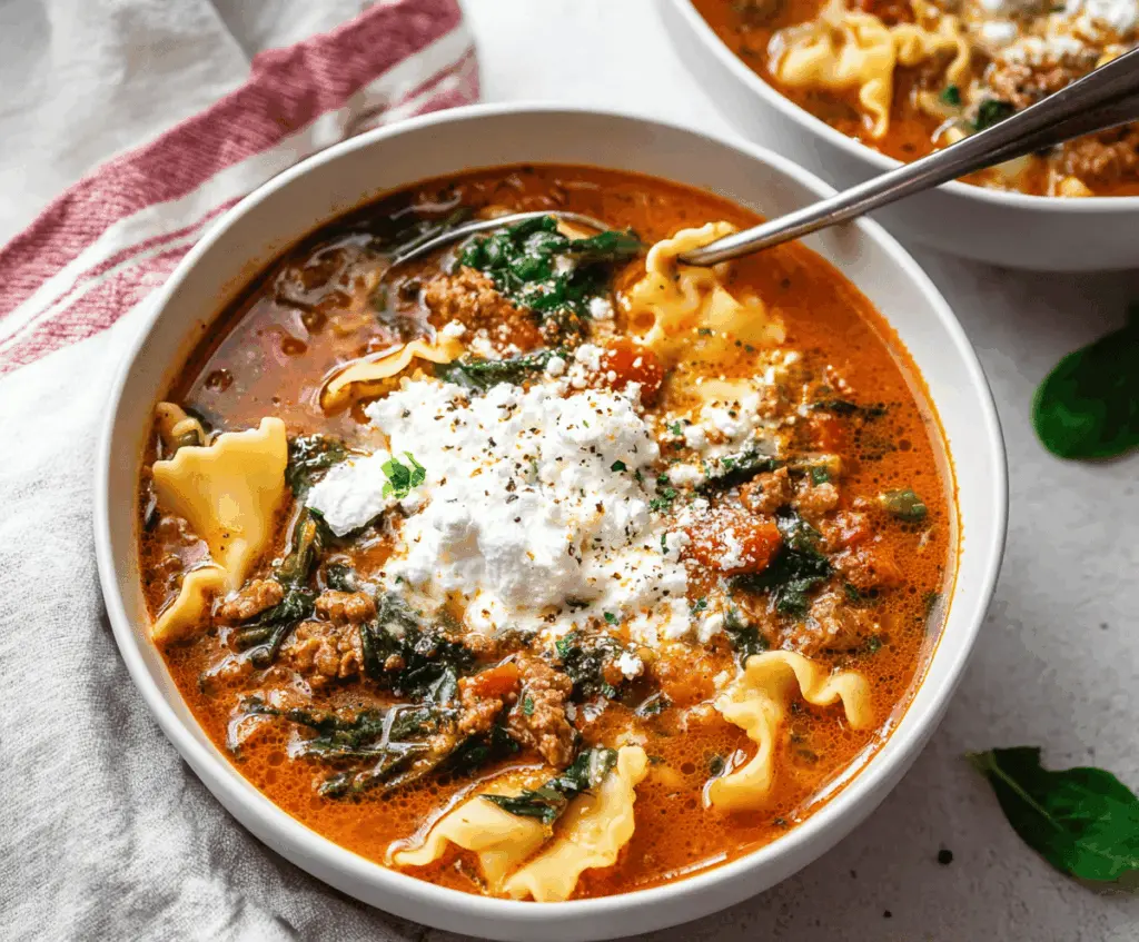 Creamy Spinach Ricotta Lasagna Soup in a bowl with fresh spinach, ricotta cheese, and melted cheese topping, perfect for a comforting and hearty meal.