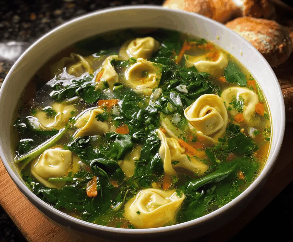 Creamy spinach tortellini soup in a bowl topped with fresh basil and grated Parmesan cheese, showcasing vibrant greens and tender pasta pieces.