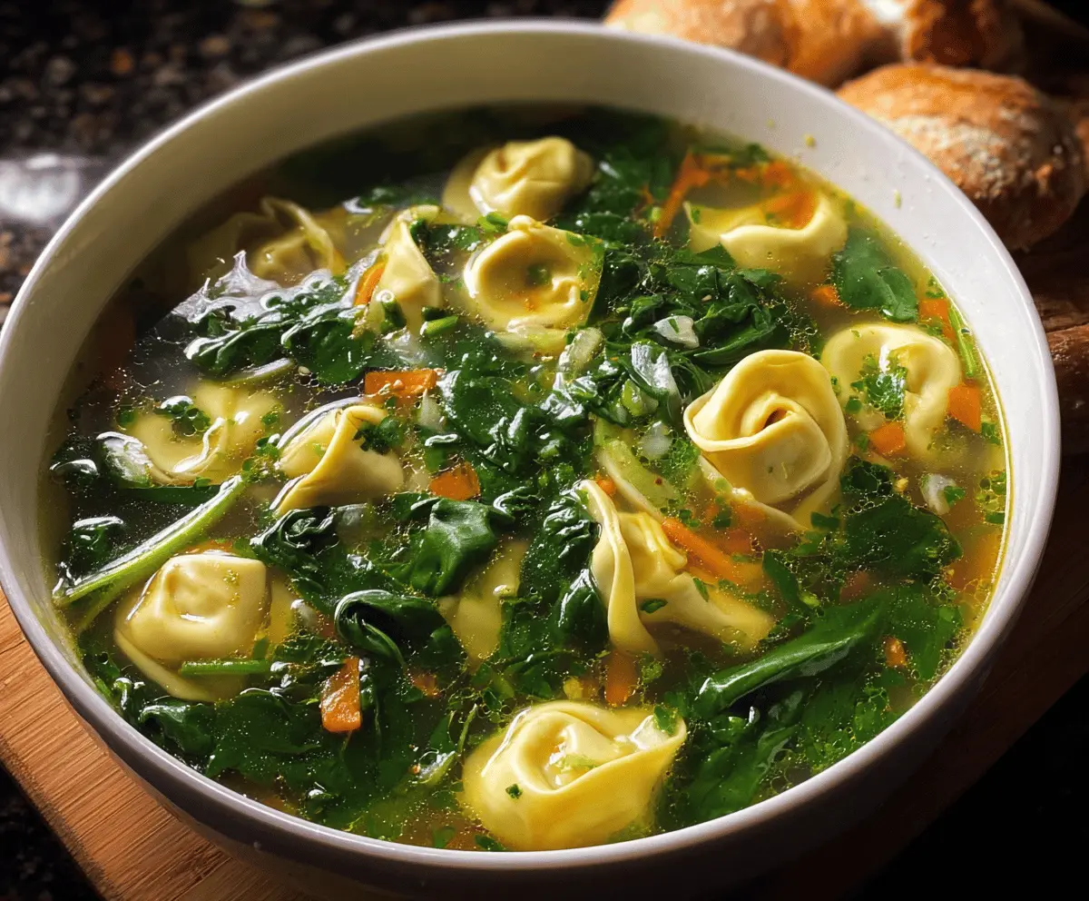 Creamy spinach tortellini soup in a bowl topped with fresh basil and grated Parmesan cheese, showcasing vibrant greens and tender pasta pieces.
