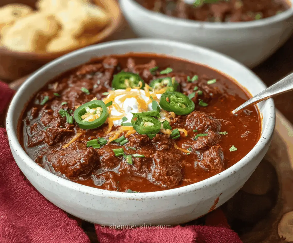 Spicy Texas Chili served in a bowl with toppings and fresh ingredients on a rustic wooden table