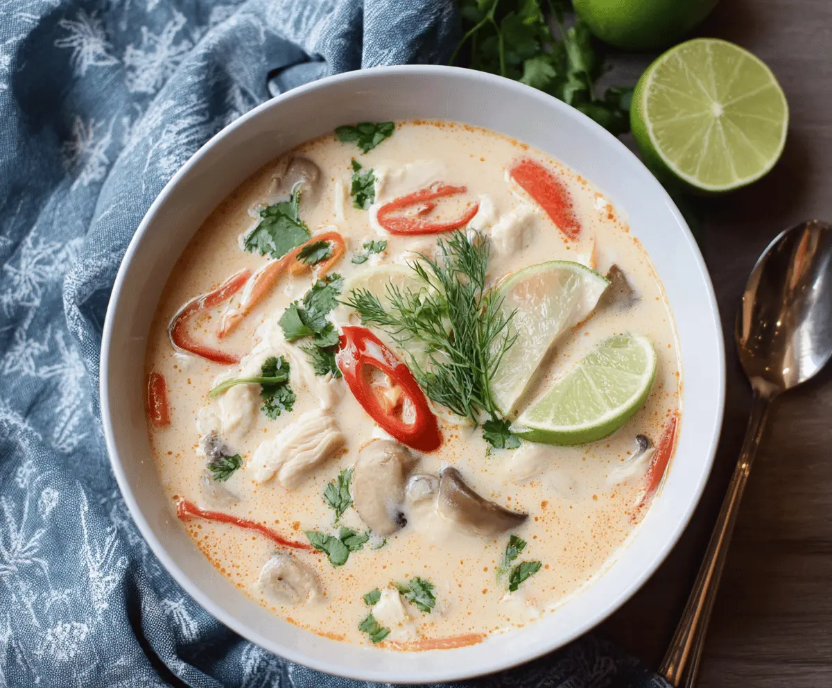 Delicious bowl of Thai Coconut Chicken Soup (Tom Kha Gai) with chicken, mushrooms, lime, and fresh herbs in a creamy coconut broth